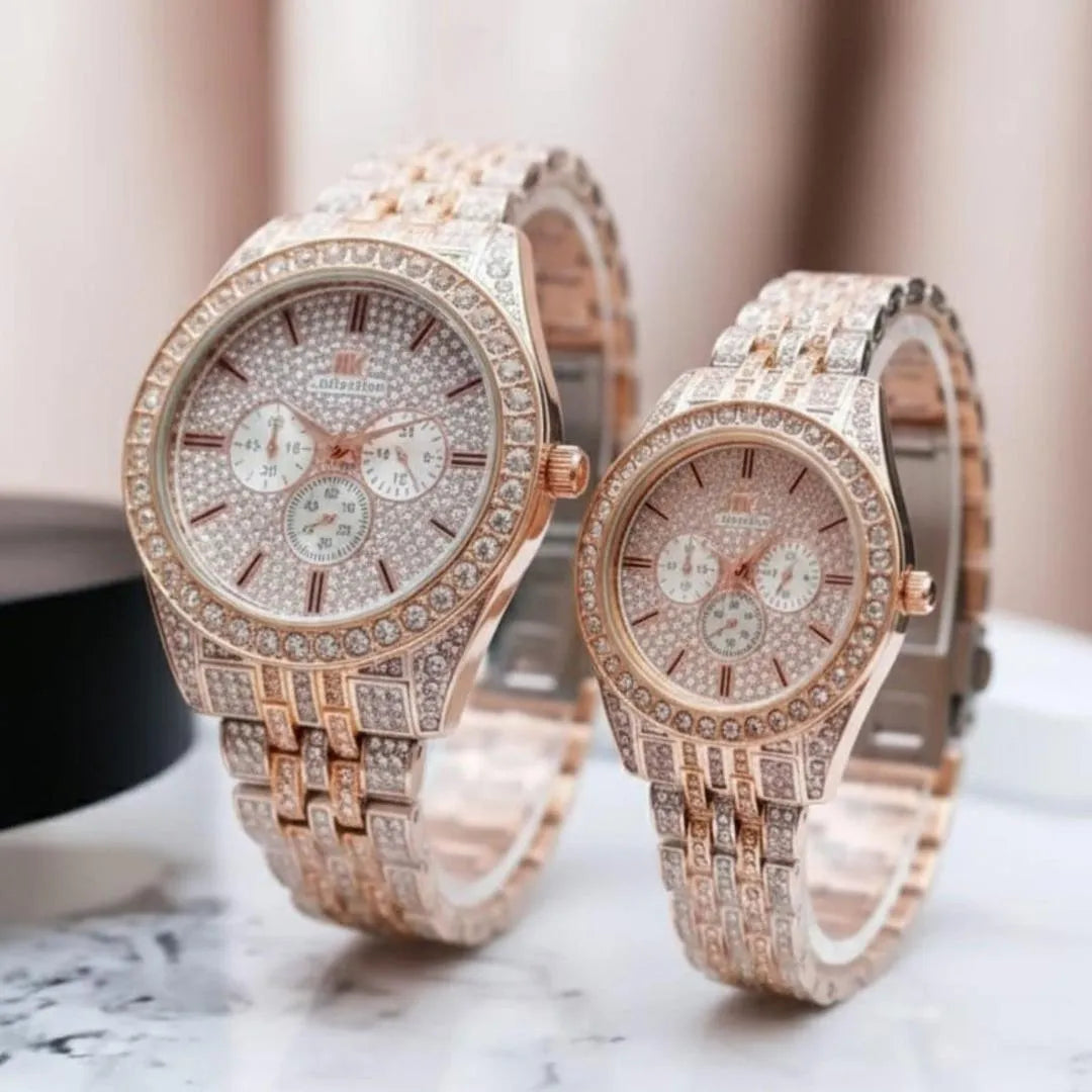 Rose Gold Unisex Couple Watches Pack of 2 Stainless Steel Chain Strap